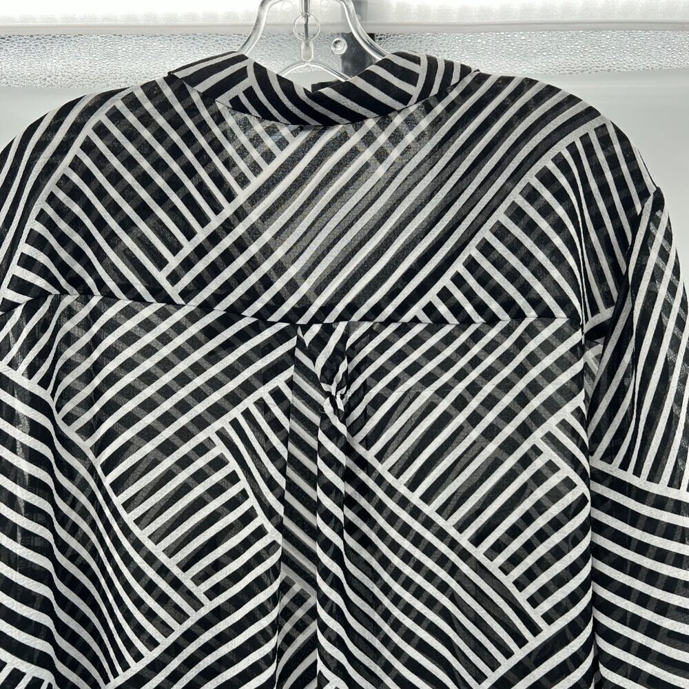 Jessica London Sheer Shift Dress Button Up Black/White Long Roll Tab Sleeve 32W - Picture 6 of 9